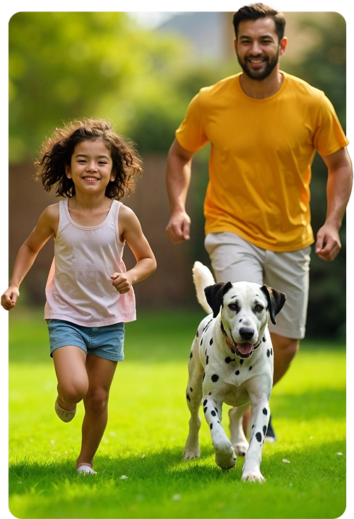 father and daughter running with dogs